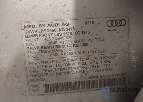 2018 Audi Q5 2.0T Premium/2.0T Tech Premium из США, поврежденный, VIN WA1BNAFY6J2142267